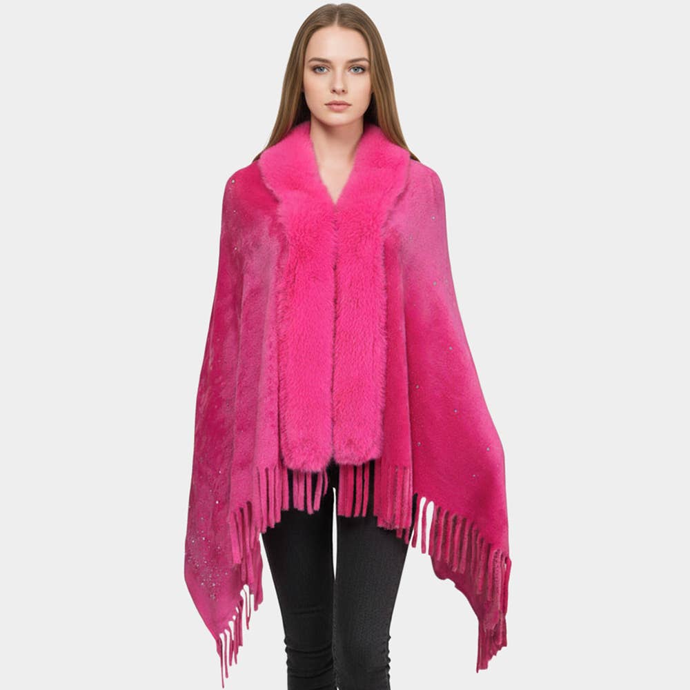 Sensibling Corp. - Vente Poncho – femme - Poncho à franges orné de strass en fausse fourrure6