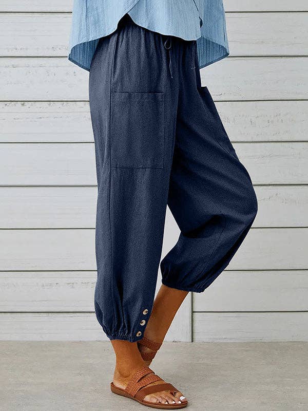 Plush Looks - Wholesale Pants - Women's - High Waisted Loose Buttoned Drawstring Elasticity Pockets Split-Joint Ninth Pants Trousers3