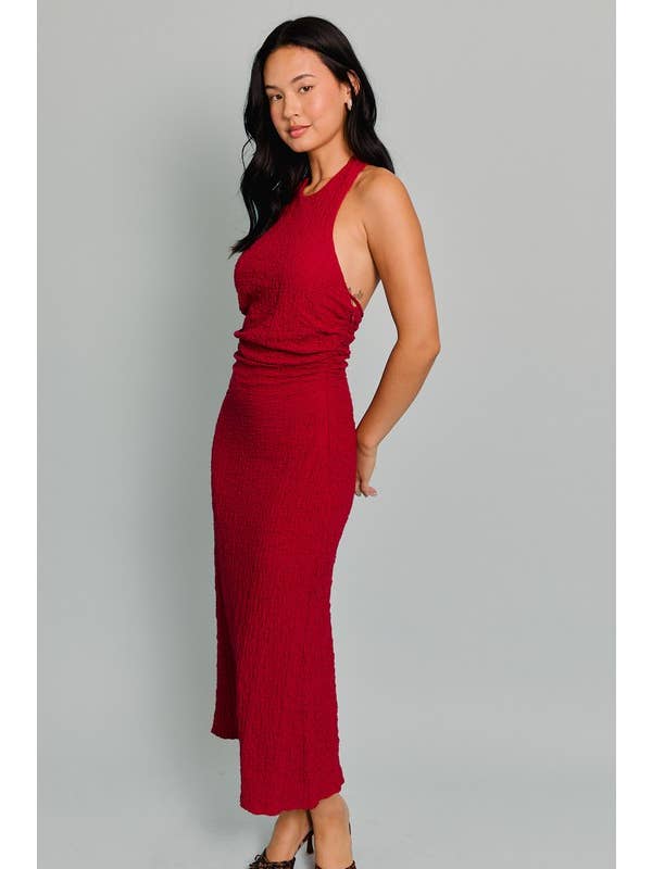 Burgundy HALTER NECK TEXTURED MIDI DRESS WITH ADJUSTABLE STRAP for wholesale on Faire