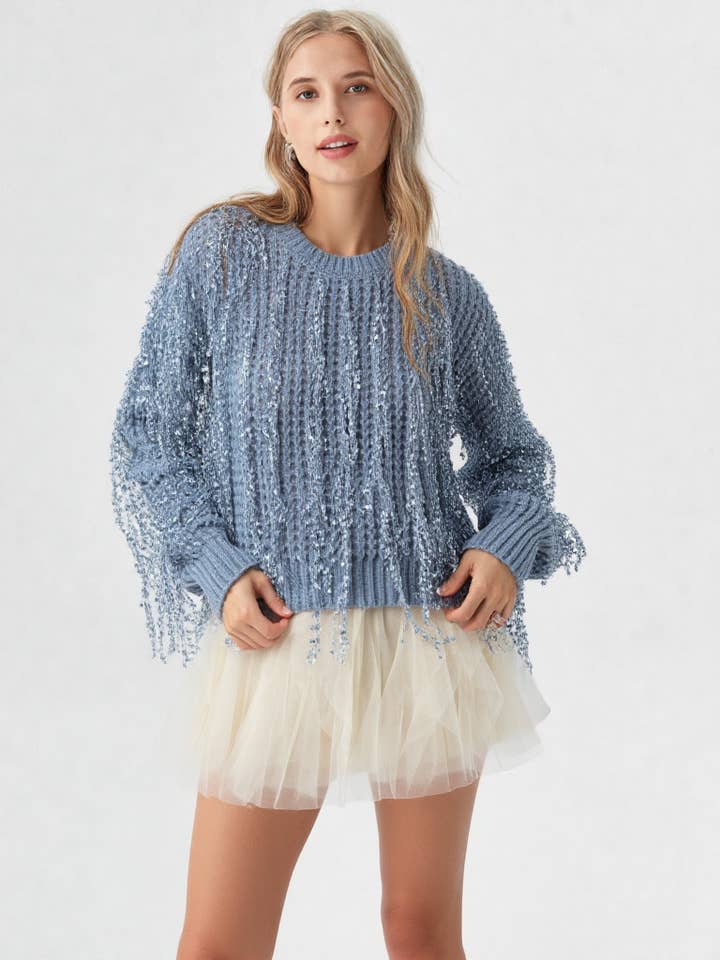 VERY J - Wholesale Knit Sweater - Women's - 12W2944N-Fringe Detail Holiday Party Knit Sweater Top