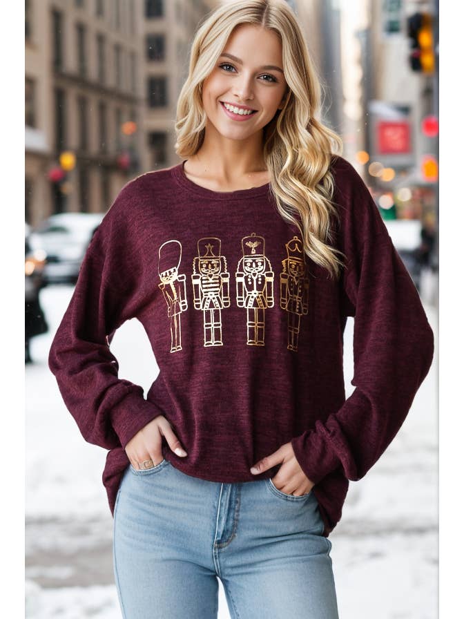 DK BURGUNDY ET7712-10 LONG PUFF SLEEVE ROUND NECK SOLID TOY SOLDIER PRIN for wholesale on Faire