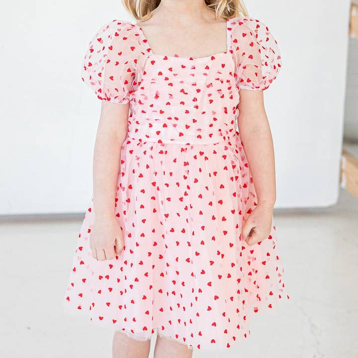 Girl's Pink Tulle and Red Hearts Puff Sleeve Dress with Ruched Chest Detail for wholesale by cuteheads