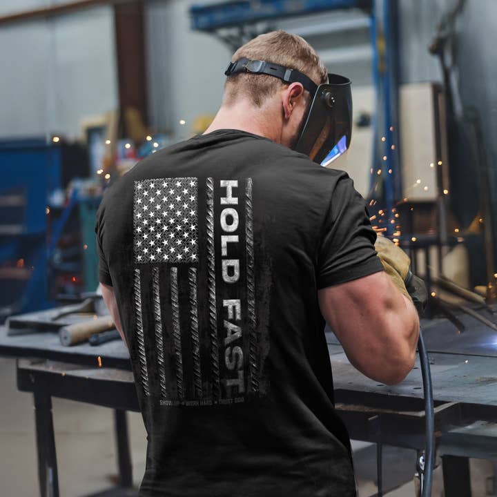 Black HOLD FAST Mens T-Shirt Rebar Flag for wholesale on Faire