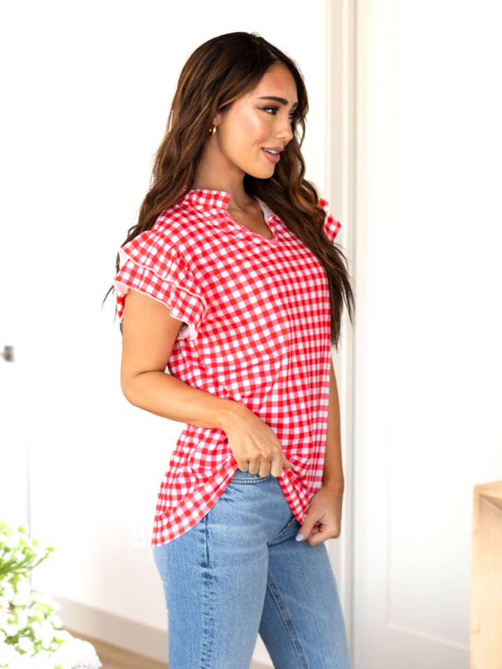 Tickled Teal – wholesale Blus - Dam – Gingham T-shirt med volangärm