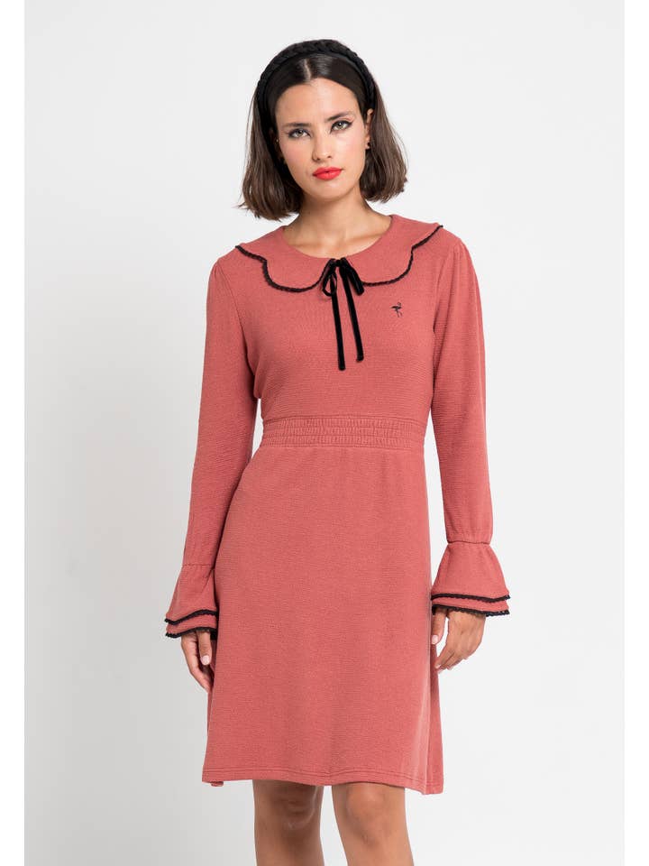 Black Flamingo - Wholesale Dress - Women's - Emily Dress.Bordeaux knit dress w/baby collar & wave trim