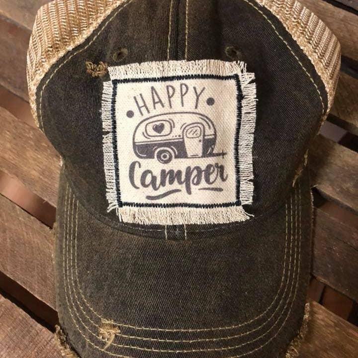 Happy Camper Distressed Patch Hat for wholesale by Joetta Marie