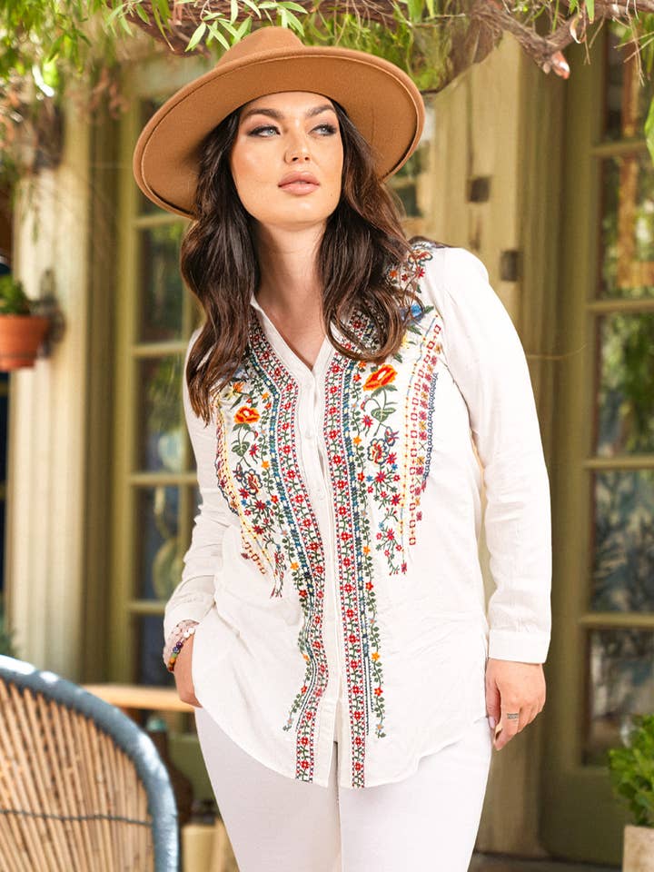 Viscose Splitkraag Geborduurd Overhemd 5109-MAT voor wholesale door Paparazzi