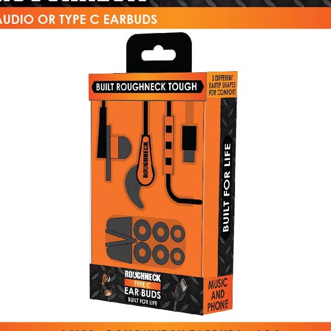 Roughneck Wired Earbuds USB-C / Aux + Ear Adapters Boxed for wholesale by Novelty Closeout