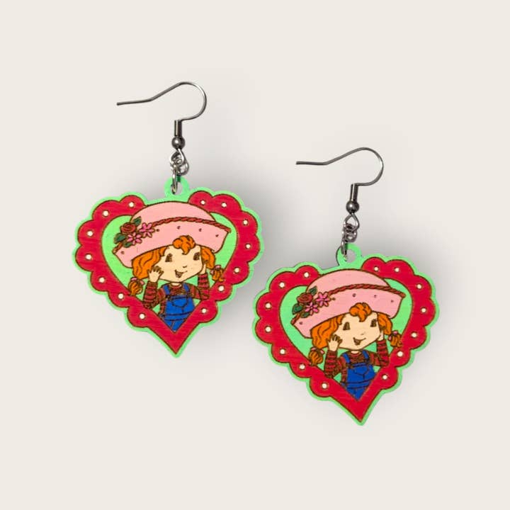 Strawberry Shortcake Hand Painted Wood Dangle Earrings for wholesale by Moon Child Trinkets