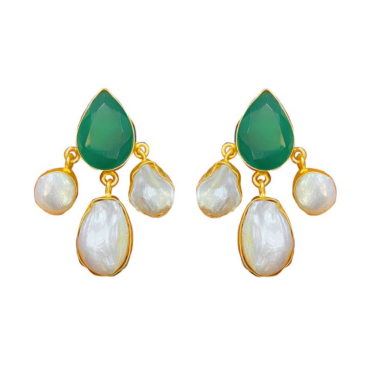 Emerald and Pearl Pyramid Drops Dangle Earrings for wholesale by Meshca