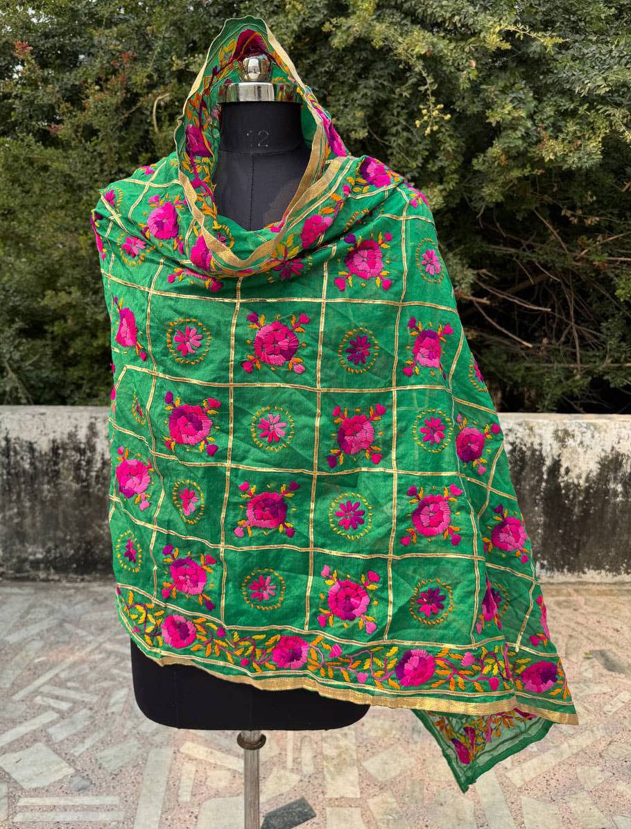 bhavnas boutique - Wholesale Wrap - Women's - Green Chanderi Cotton Hand Embroidery Phulkari Dupatta Scarf3