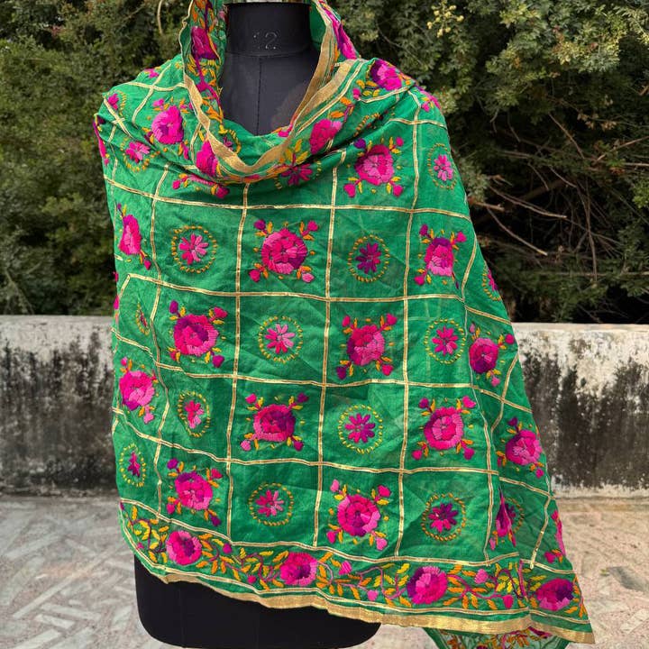 bhavnas boutique - Wholesale Wrap - Women's - Green Chanderi Cotton Hand Embroidery Phulkari Dupatta Scarf3