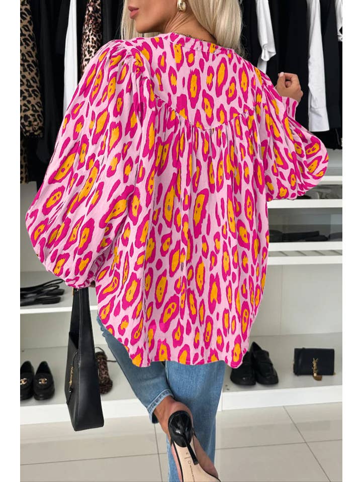 Rose Röd Leopard Ballongärm Oversize Skjorta för wholesale på Faire