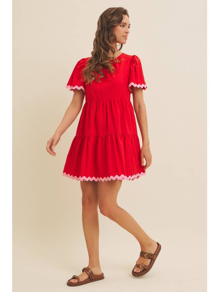 RED TIERED MINI DRESS WITH CONTRAST RIC RAC TRIM for wholesale on Faire