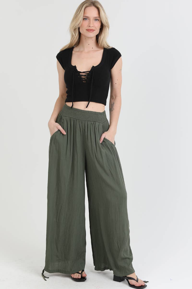 ANGIE - Wholesale Pants - Women's - B3710-ASIS SIDE CINCH WIDE LEG PANTS WITH SMOCKED WAIST AND 2