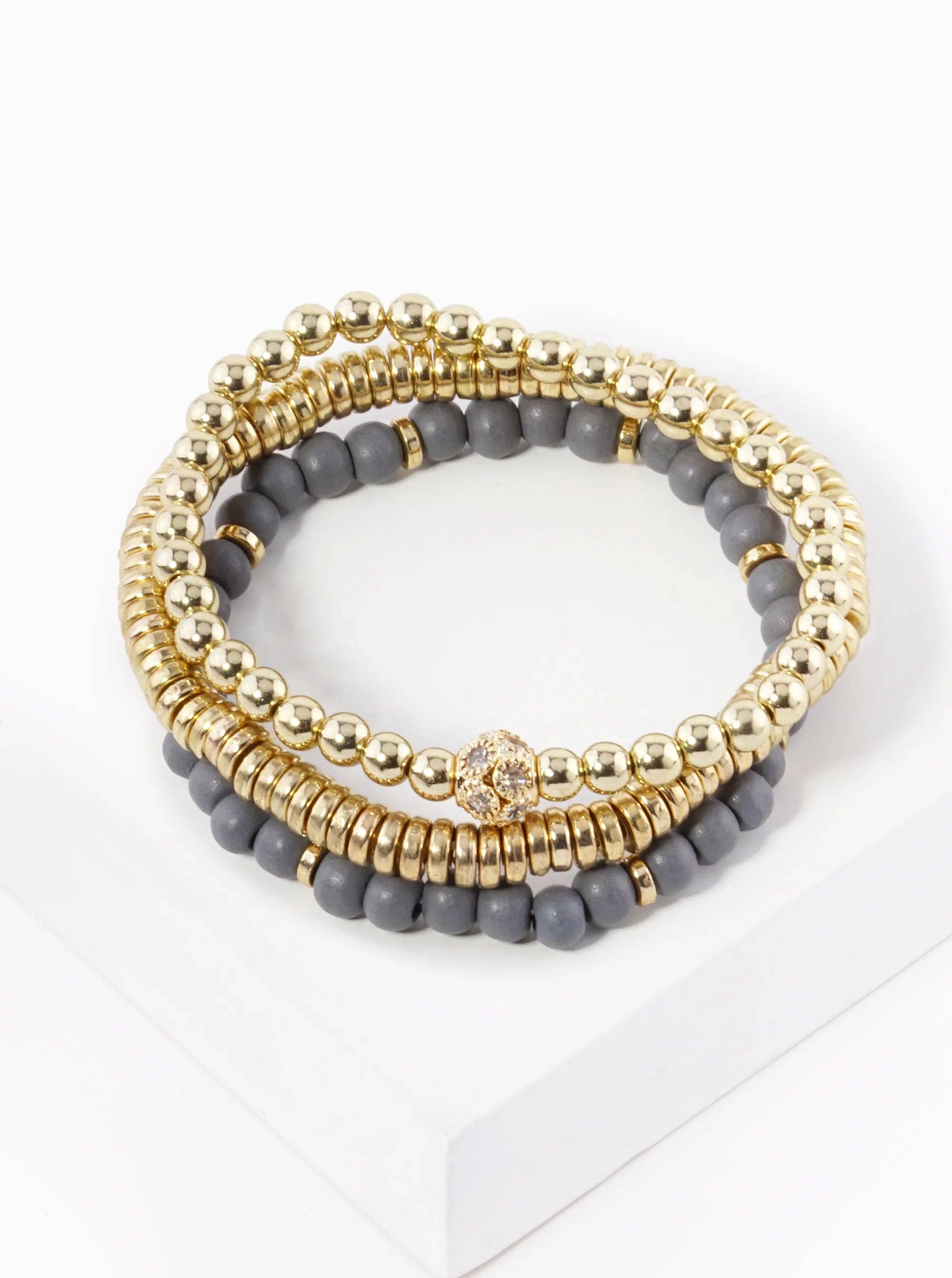 Wild Honey - Wholesale Jewelry Set - Set Of 3 Wood And Metallic Bead Stackable Stretch Bracelet1