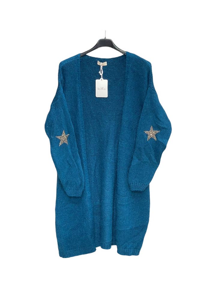 MOONSUN – wholesale Kofta - Dam – Tjock lång kofta med mohair och stjärnor vid armbågarna #3559 -1