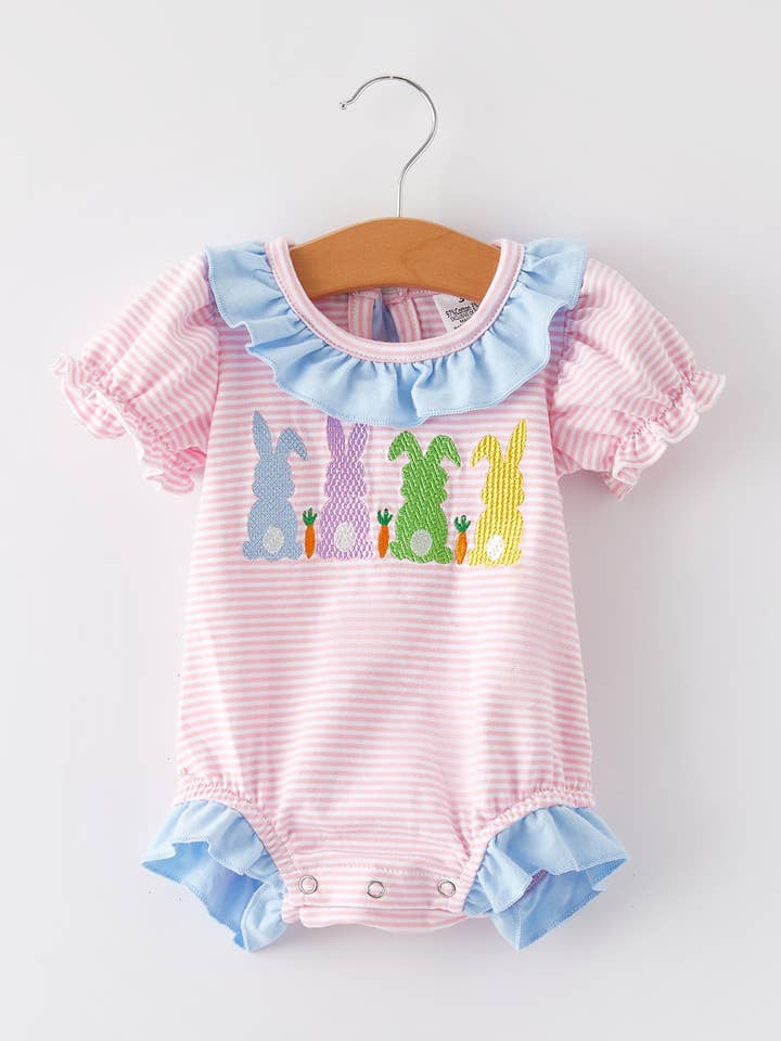 Easter Bunny Embroidery Girls Pink Stripe Bow Romper for wholesale by Rylee Faith Designs