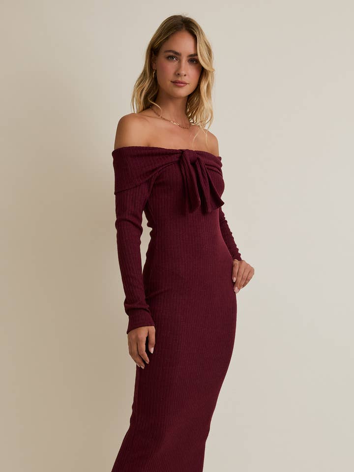 WINE OFF SHOULDER LONG SLEEVE FRONT BOW DETAIL MIDI DRESS for wholesale on Faire0