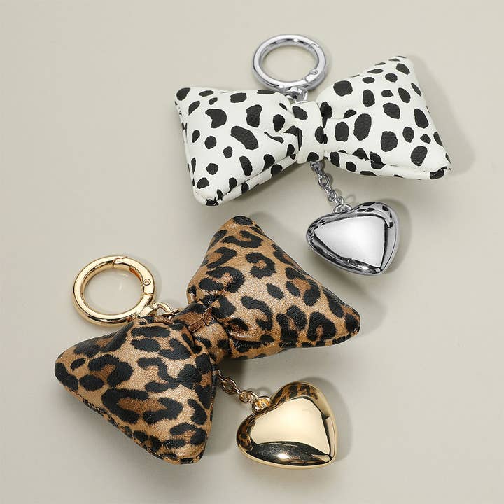 Leopard Faux Leather Plush Bow Metal Heart Drop Keychain / Bag Charm for wholesale by Sensibling Corp.