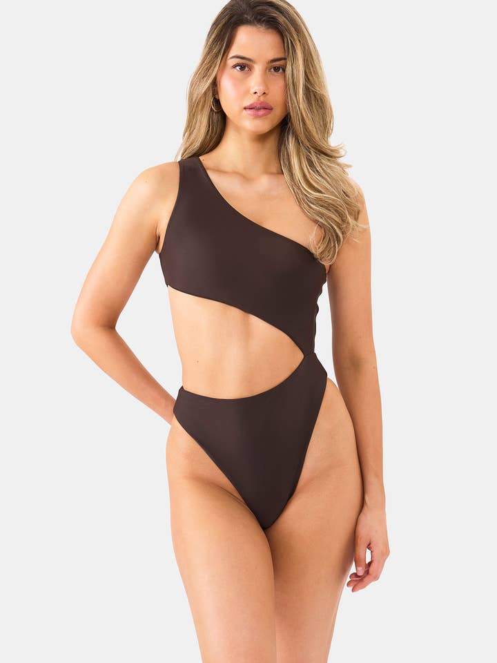 Brown Bermuda One Piece – Nyud Swim Asymmetrical Bodysuit for wholesale by Nyud Swim
