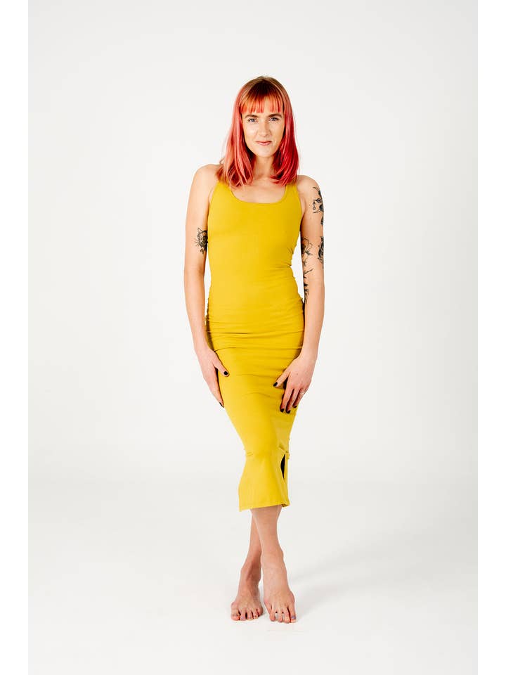 Shinni Neck Midi Dress In Mustard Seed for wholesale on Faire