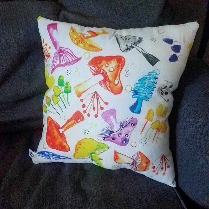 Limited Run Rainbow Mushroom Pillow for wholesale by Drumming Beetle