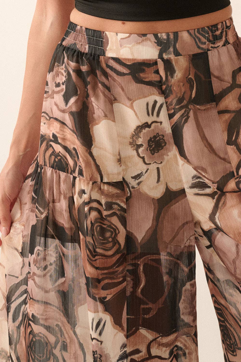 BLACK Floral Chiffon Wide-Leg Palazzo Pants for wholesale on Faire1