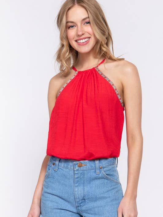 Active Basic | Active USA - Wholesale Blouse – Women’s - Halter Neck With Cluny Tape Slub Gauze Top0