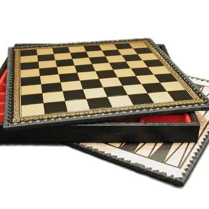 Ensemble combo - Coffre d'échecs et de backgammon 14" noir et or pour la vente par WorldWise Imports
