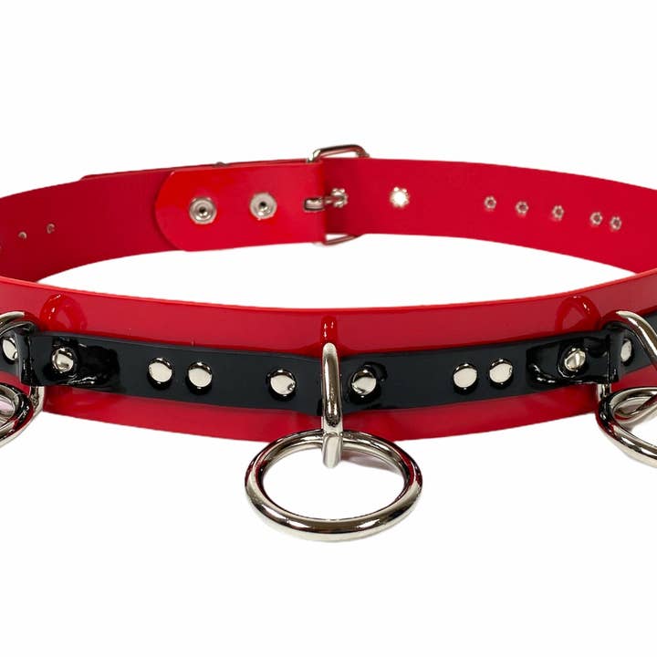 BT562RED-BLK VEGAN LARGE O RING STRAPPED BONDAGE BELT for wholesale by Funk Plus