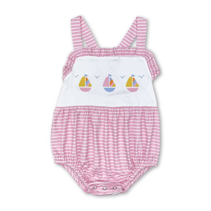 Pink stripe boat baby girls summer romper for wholesale by Yawoo Garments
