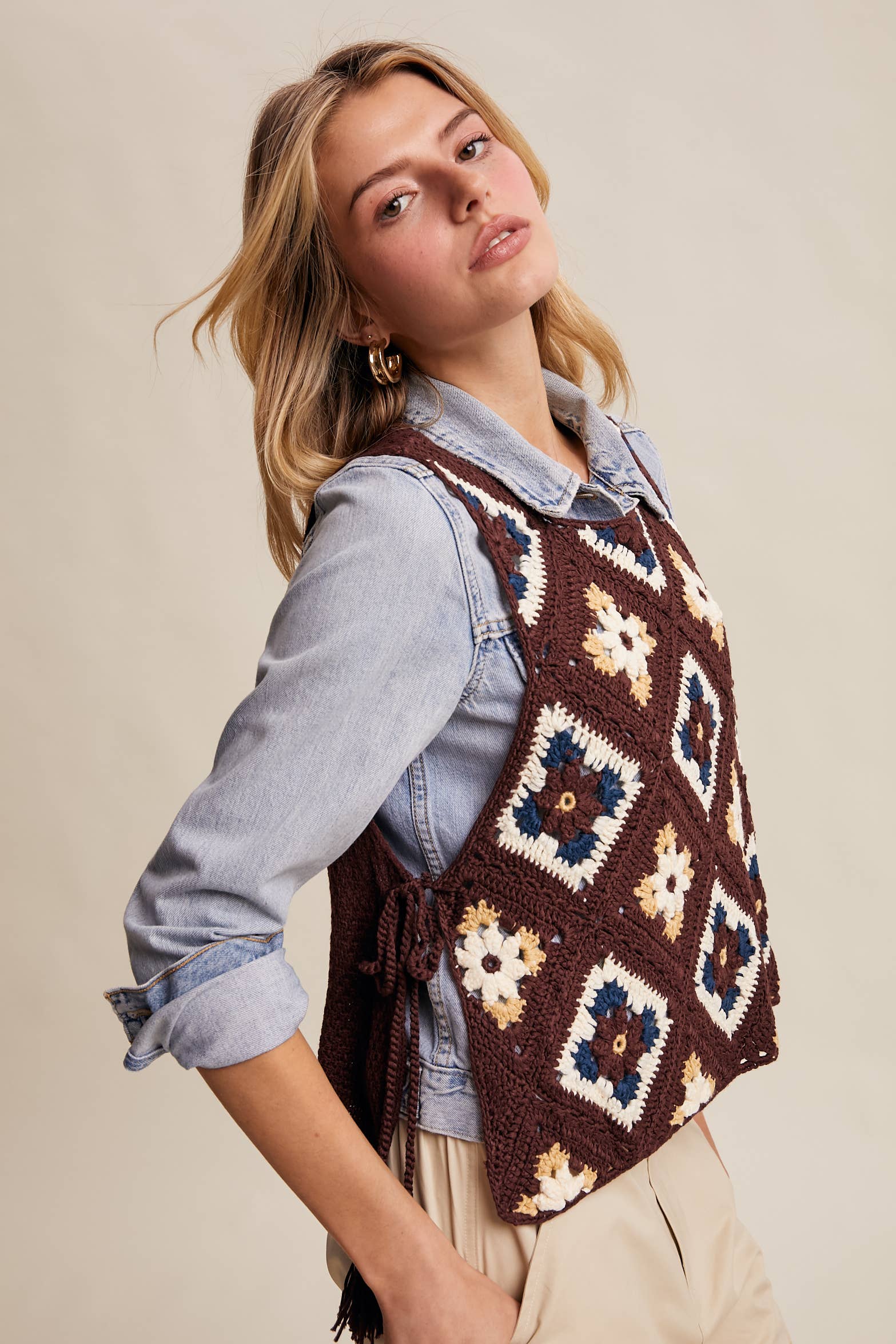 Listicle - Wholesale Sweater Vest - Women's - Crochet Granny Square Tassel Tie Vest LSW10066