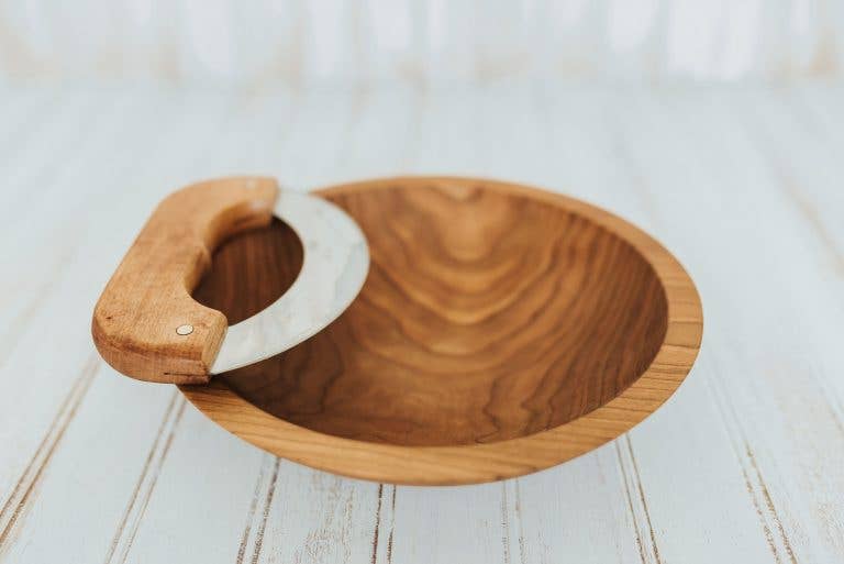 Holland Bowl Mill - Wholesale Bowl - 9" Cherry Bowl with Mezzaluna Knife Bee's Oil Finish1