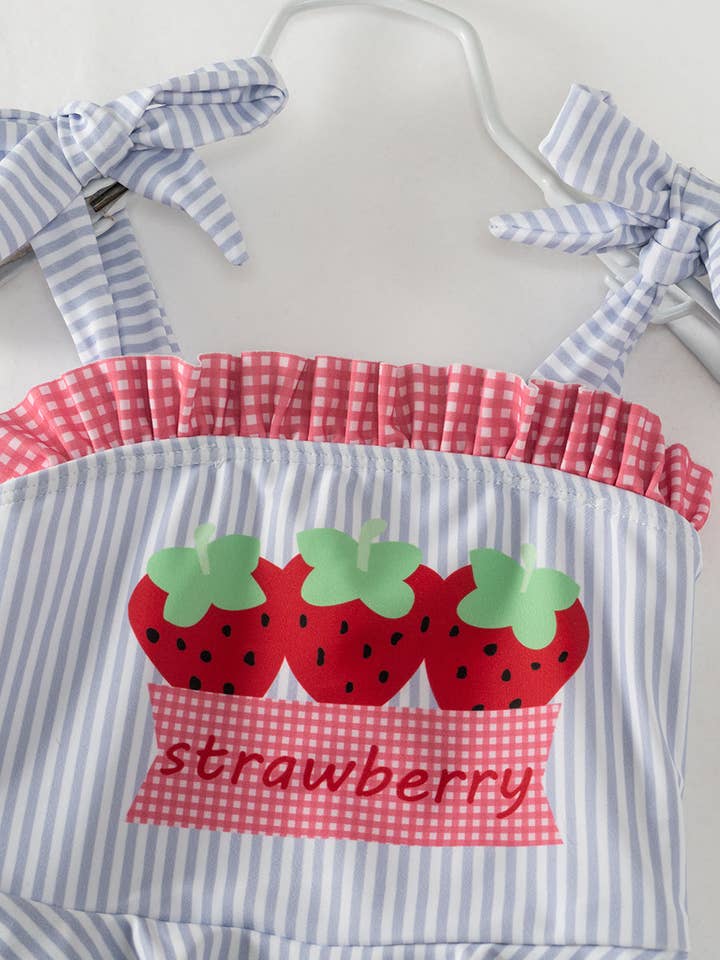 littleoneusa - Wholesale One Piece Swimsuit - Kids - Blue Stripe Strawberry Ruffle Girl One Piece Swimsuit