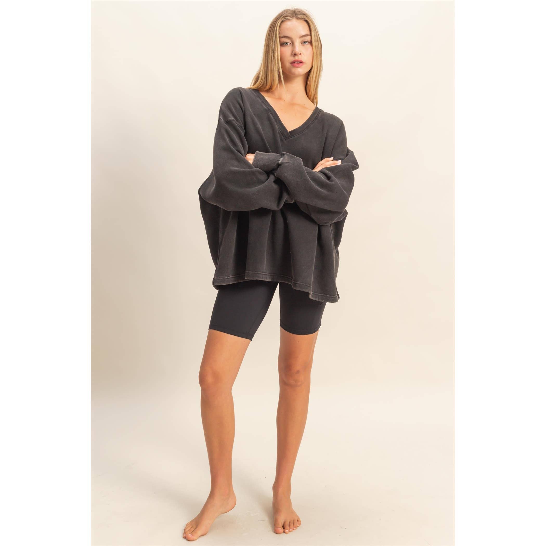 Double Zero - Wholesale Sweatshirt - Women's - Oversized V-Neck Sweatshirt With Raw Edge Detail11