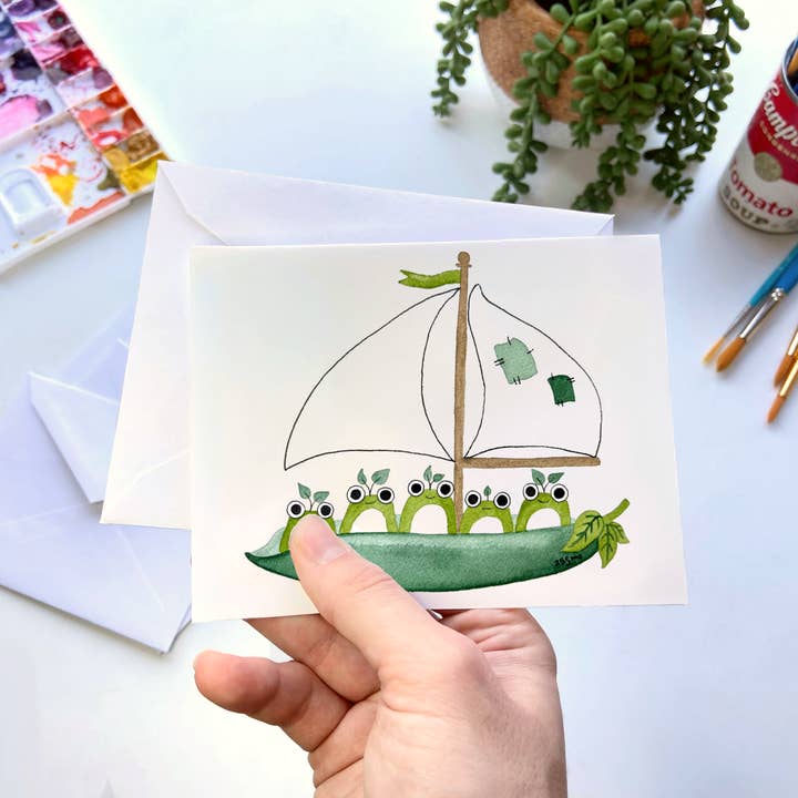 Frogs on Vegetable Boat Greeting Card – Funny Whimsical Art for wholesale by Owlfeathers Watercolor