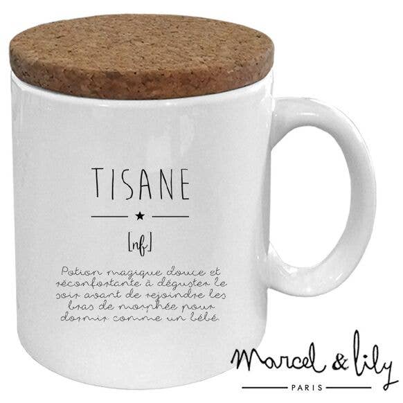 Mug "Herbal Tea Definition" with its cork lid for wholesale by Marcel & Lily