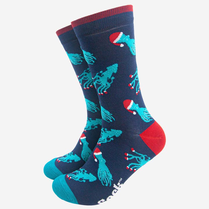Men's Bamboo Socks - Navy/Red, Christmas Octopus & Squid for wholesale by Sock Talk