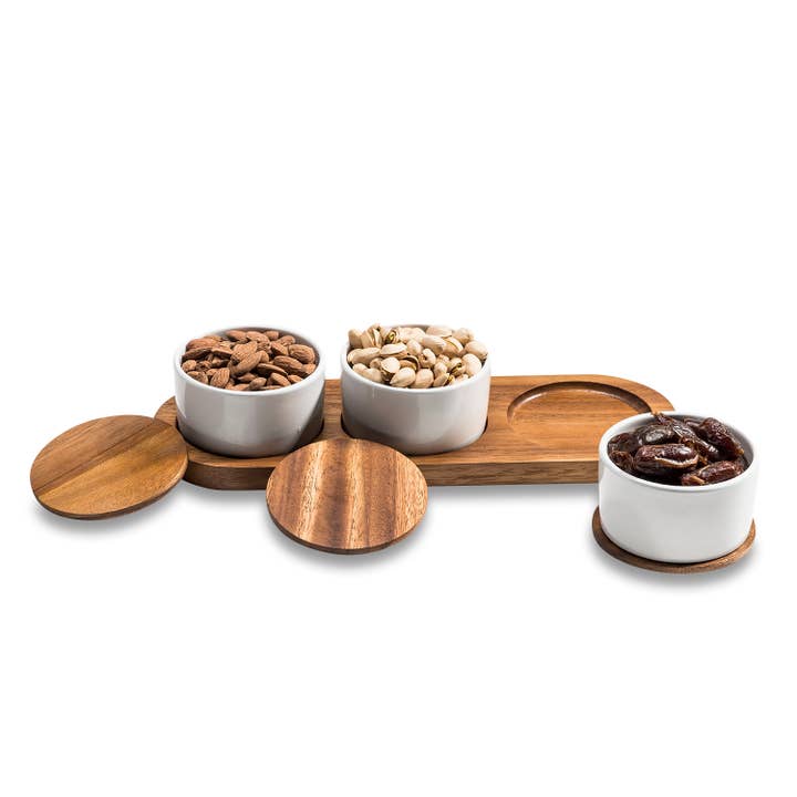 Kalmar Home - Wholesale Condiment/Dip Bowl - Ceramic Condiment Set on Acacia Wood Base