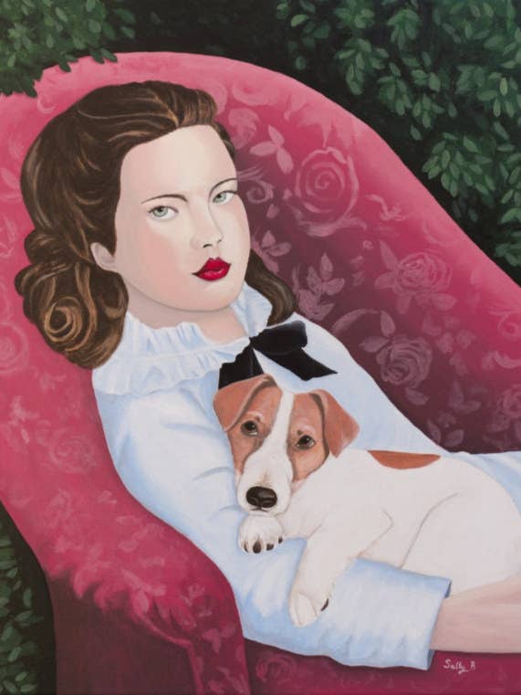 Affiche d'art femme et Jack Russell assis sur un fauteuil rouge pour la vente par Sally B