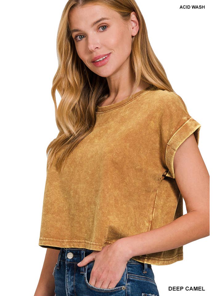 42POPS - Wholesale Knit Top - Women's - ,._ SI-26188 Washed Premium Cotton Folded Sleeve Top