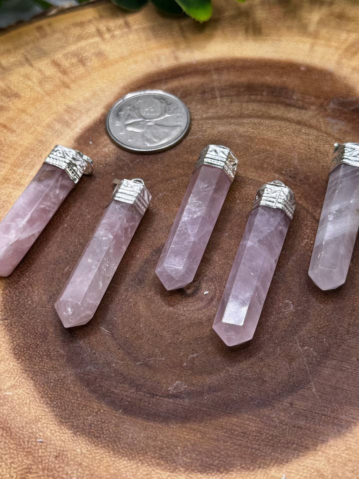 Capped Rose Quartz Pencil Pendant for wholesale by Moonbeam Healing