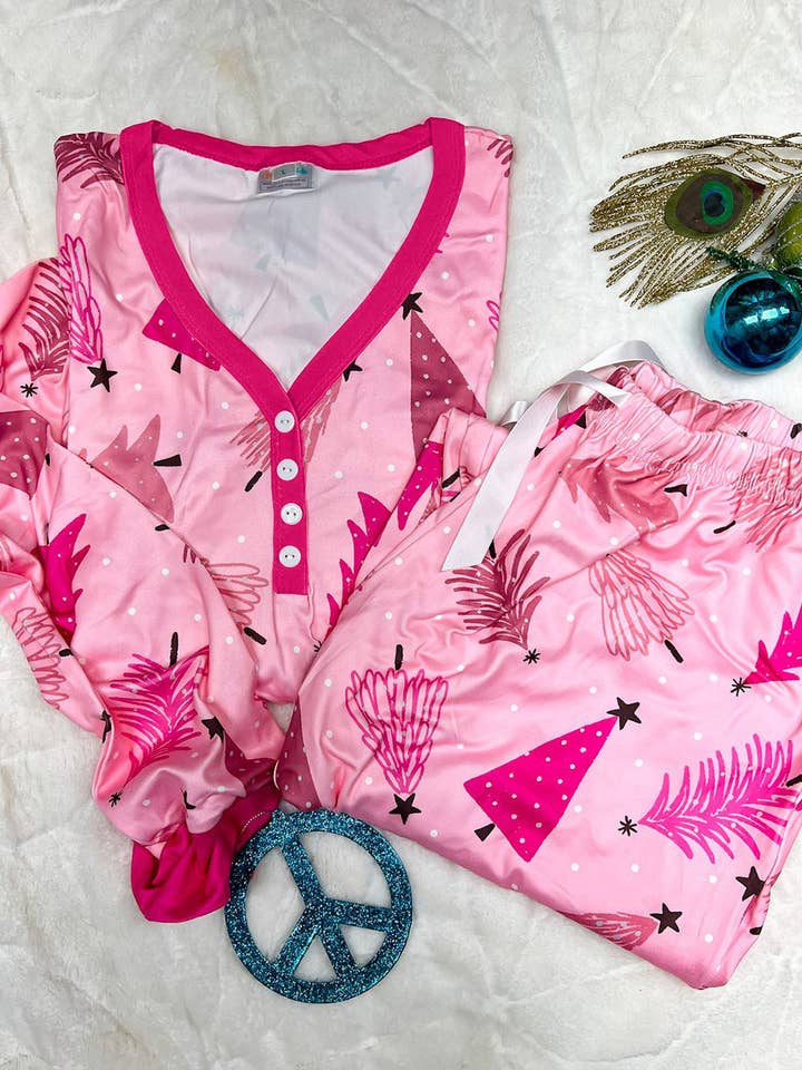Pink Christmas Tree Print V Neck Buttoned Pullover and Drawstring Pants Lounge Set for wholesale on Faire