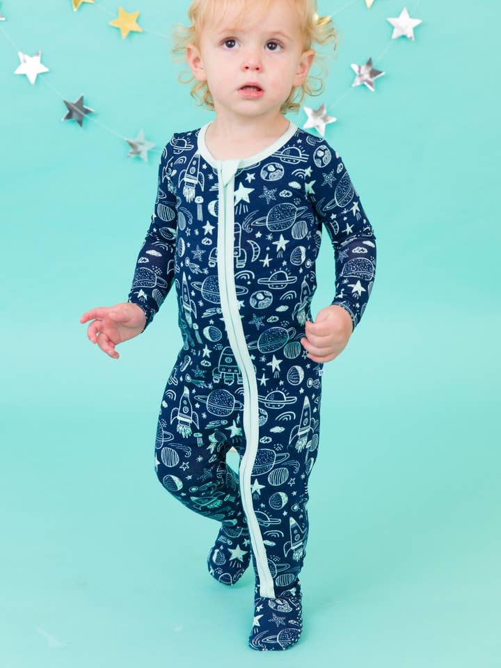 Navy Baby Boys Blast Off Bamboo Viscose Footed One Piece Pajama for wholesale on Faire