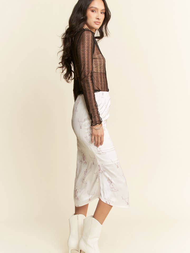 LATTE PLUS WESTERN CONVERSATIONAL PRINTED MIDI SKIRT for wholesale on Faire1