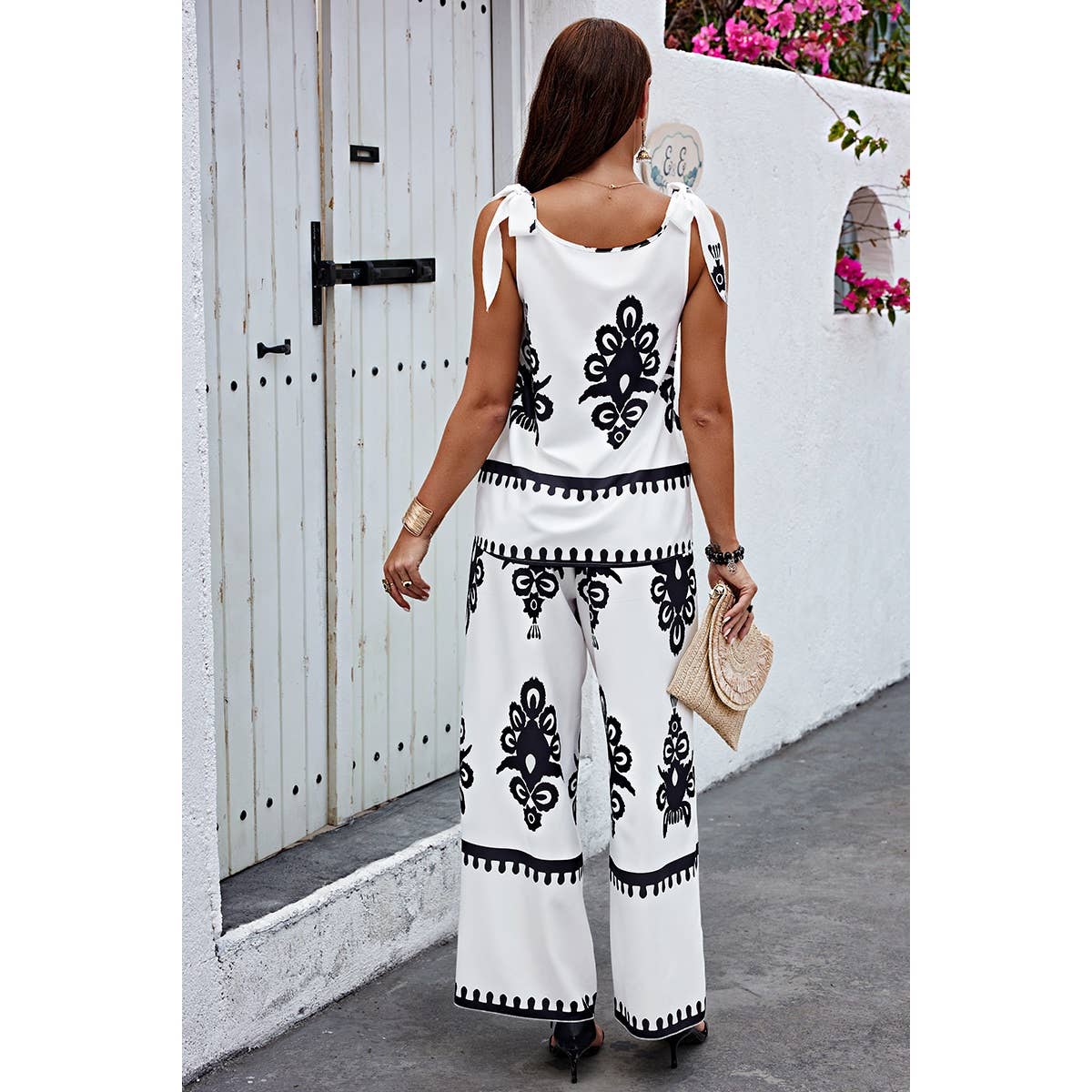 WHITE Floral Knot Shoulder Sleeveless Elastic Waist Sets for wholesale on Faire5