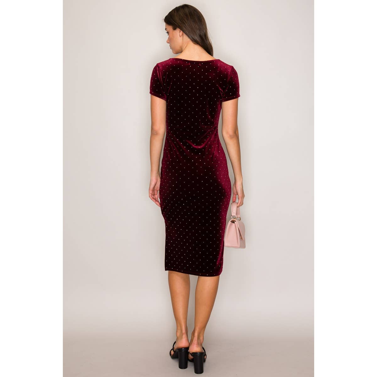 Popular 21 - Wholesale Dress - Women's - Square Neck Short Sleeve Studded Velvet Midi Dress2