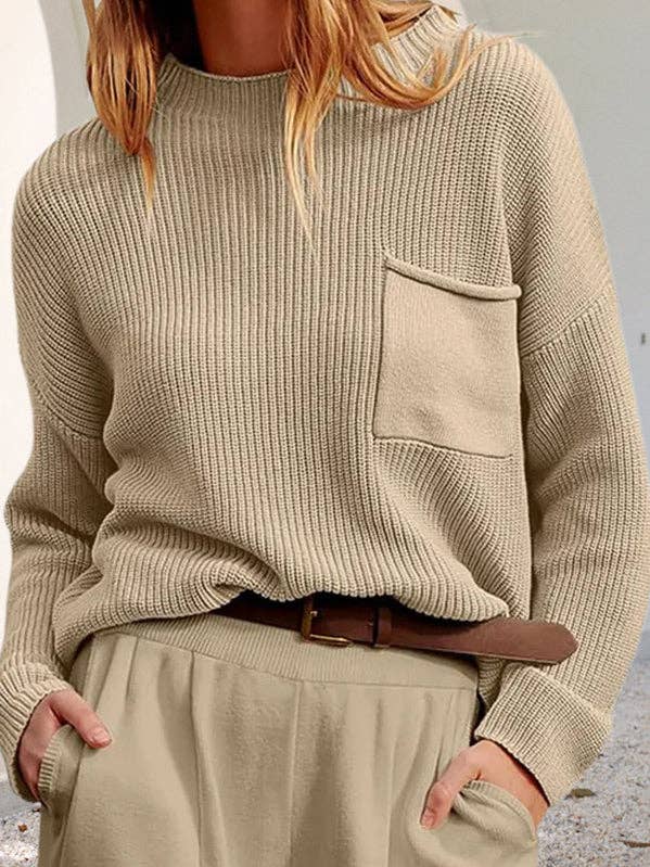 VividLux - Wholesale Knit Sweater - Women's - Long Sleeves Loose Pockets Solid Color Round-Neck Knitwear Pullovers Sweater Tops1