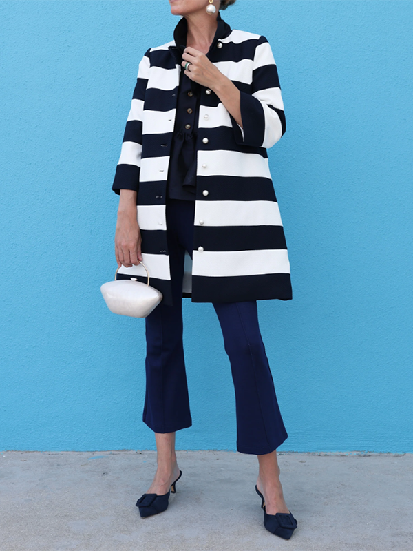 BLACK WHITE Striped Button-Up 3/4 Sleeve Shacket for wholesale on Faire2